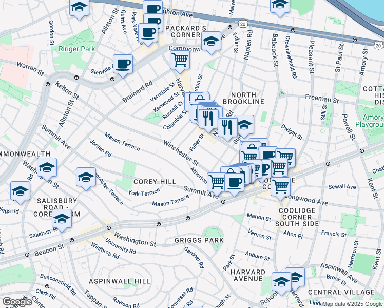 map of restaurants, bars, coffee shops, grocery stores, and more near 104 Winchester Street in Brookline