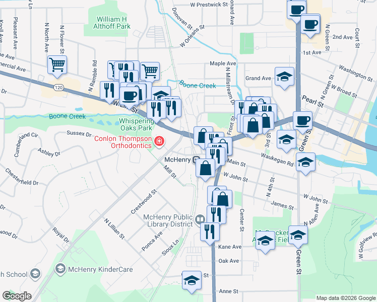 map of restaurants, bars, coffee shops, grocery stores, and more near 4005 Main Street in McHenry