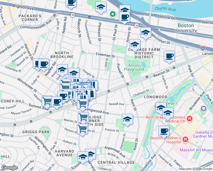 map of restaurants, bars, coffee shops, grocery stores, and more near 184 Saint Paul Street in Brookline