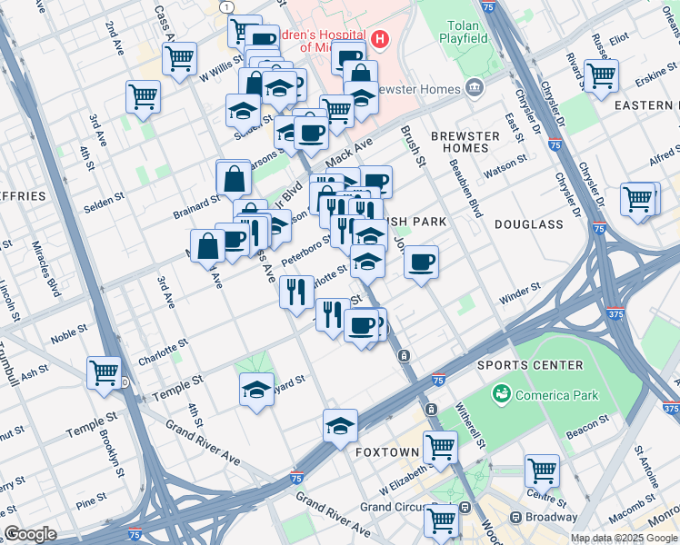 map of restaurants, bars, coffee shops, grocery stores, and more near 19 Charlotte Street in Detroit