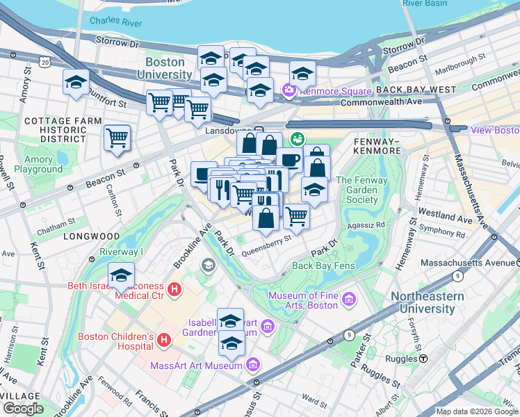 map of restaurants, bars, coffee shops, grocery stores, and more near in Boston