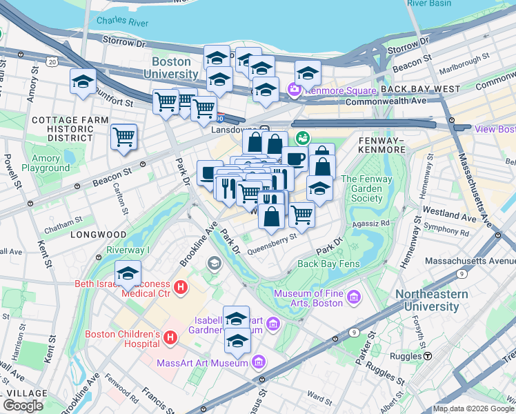 map of restaurants, bars, coffee shops, grocery stores, and more near in Boston