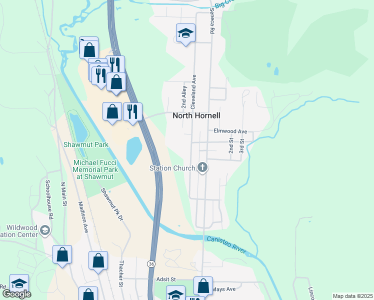 map of restaurants, bars, coffee shops, grocery stores, and more near 358 Cleveland Avenue in Hornell