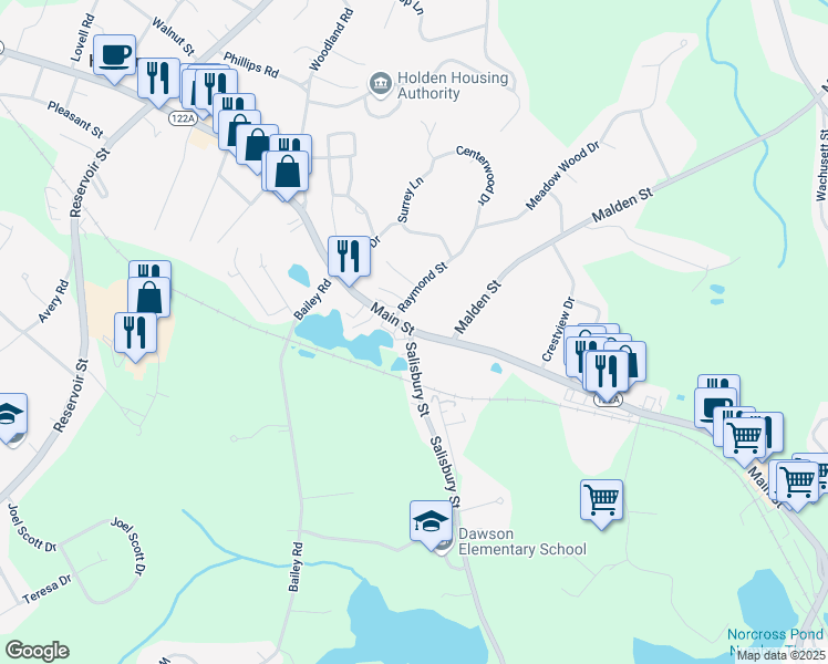 map of restaurants, bars, coffee shops, grocery stores, and more near 925 Main Street in Holden
