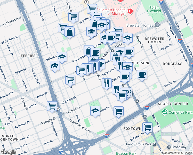 map of restaurants, bars, coffee shops, grocery stores, and more near 3127 Cass Avenue in Detroit