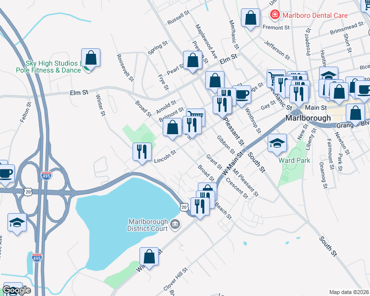 map of restaurants, bars, coffee shops, grocery stores, and more near 85 Broad Street in Marlborough