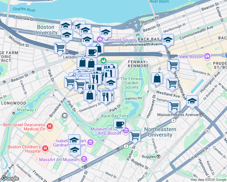 map of restaurants, bars, coffee shops, grocery stores, and more near 11 Queensberry Street in Boston