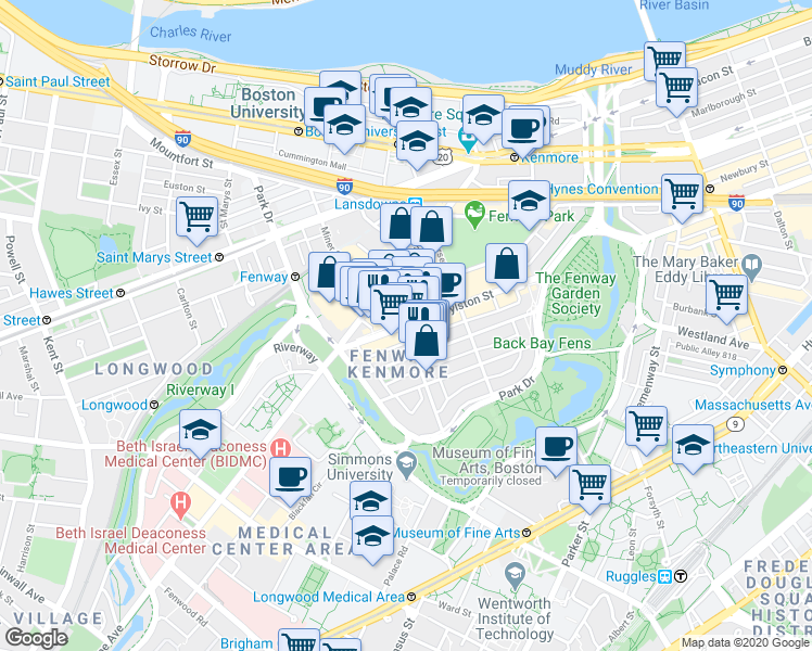 map of restaurants, bars, coffee shops, grocery stores, and more near 1355 Boylston Street in Boston