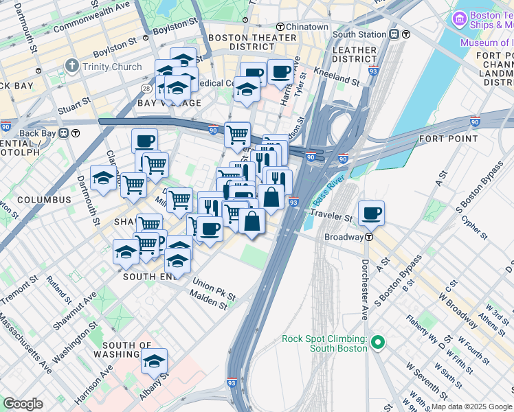 map of restaurants, bars, coffee shops, grocery stores, and more near 390 Harrison Avenue in Boston