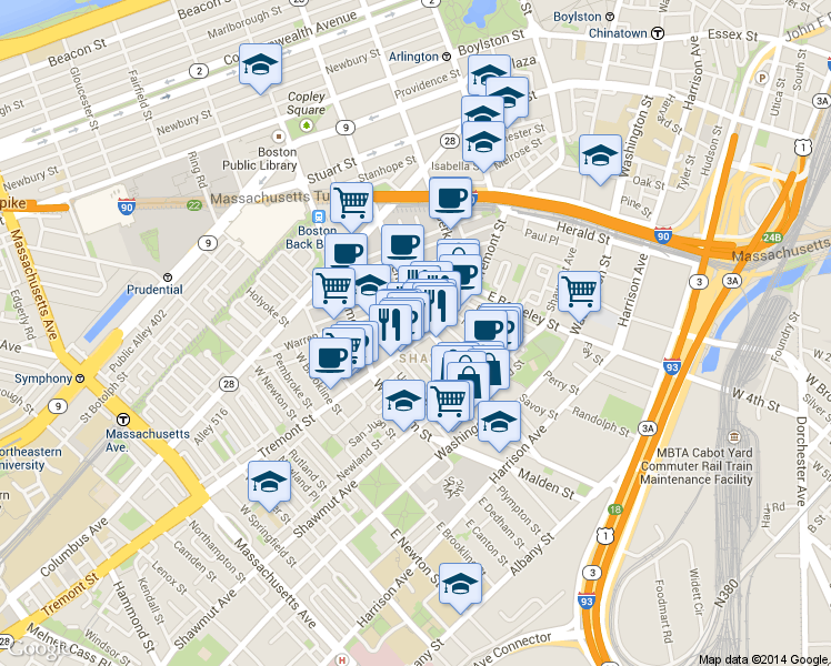 map of restaurants, bars, coffee shops, grocery stores, and more near in Boston
