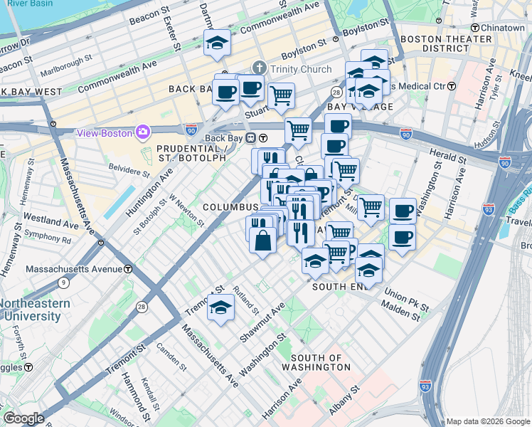map of restaurants, bars, coffee shops, grocery stores, and more near 7 Dartmouth Street in Boston