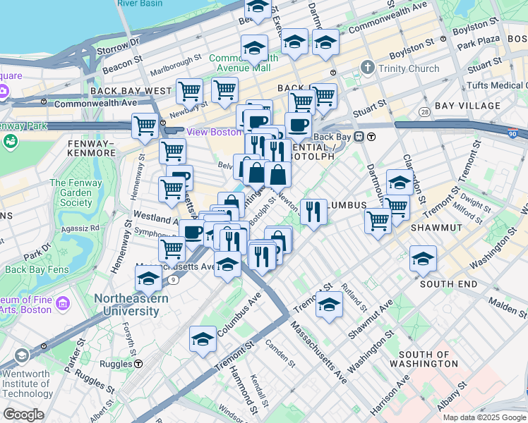 map of restaurants, bars, coffee shops, grocery stores, and more near in Boston