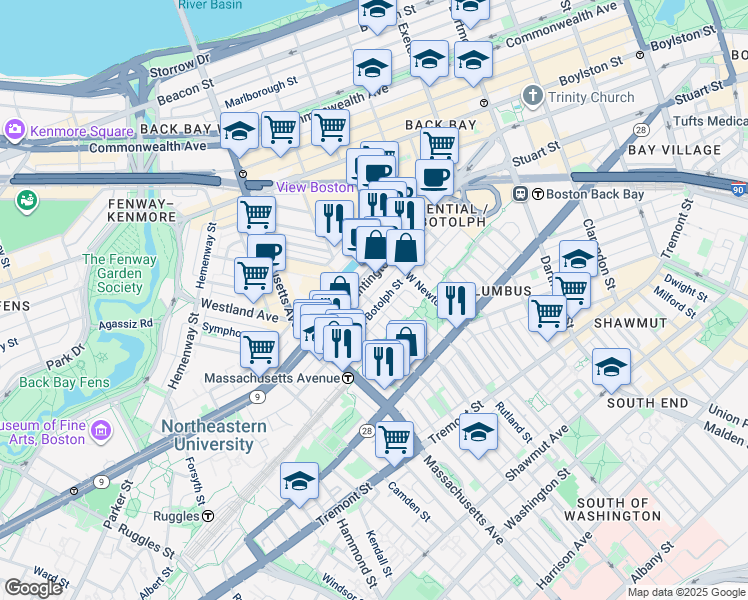 map of restaurants, bars, coffee shops, grocery stores, and more near in Boston