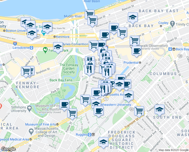 map of restaurants, bars, coffee shops, grocery stores, and more near in Boston