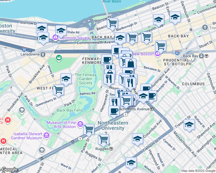 map of restaurants, bars, coffee shops, grocery stores, and more near in Boston