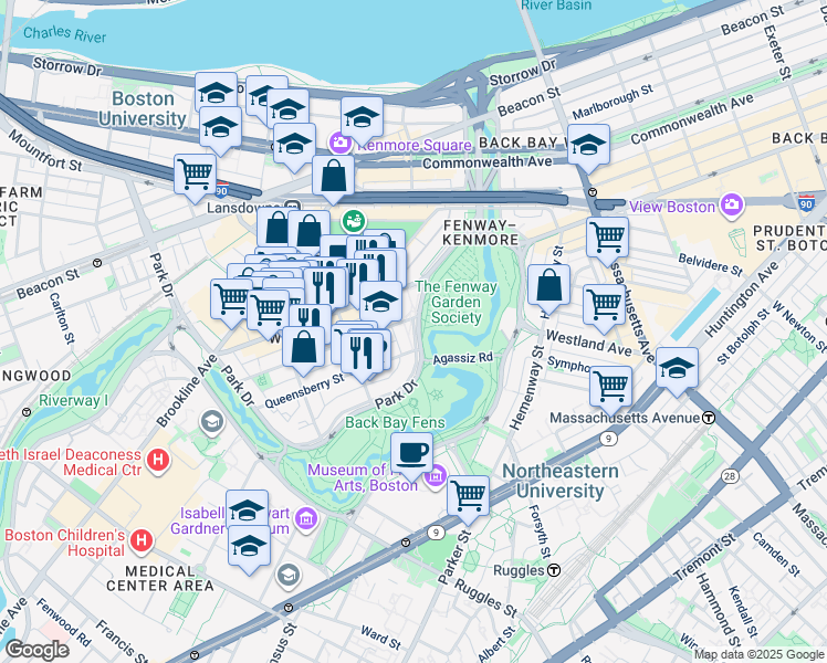 map of restaurants, bars, coffee shops, grocery stores, and more near 11 Queensberry Street in Boston