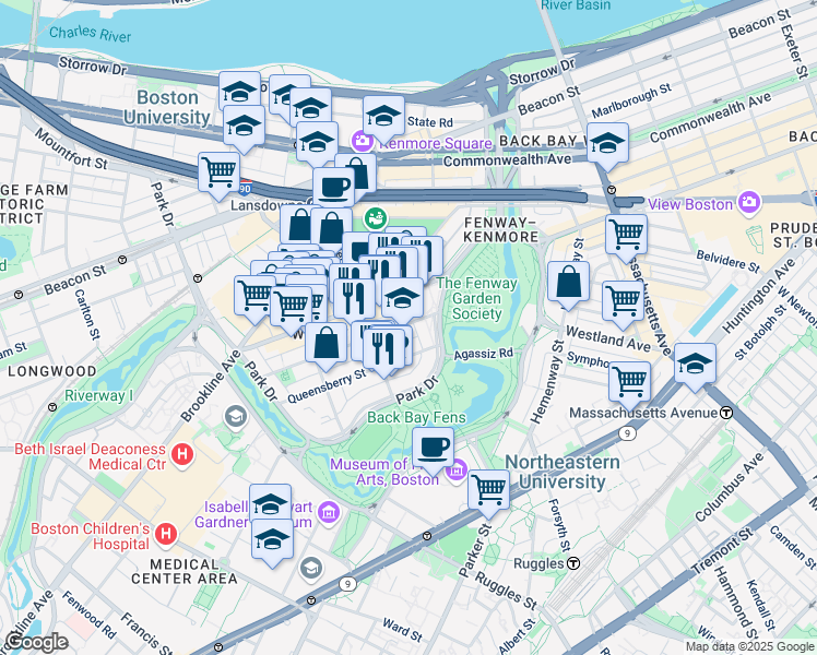 map of restaurants, bars, coffee shops, grocery stores, and more near 11 Queensberry Street in Boston