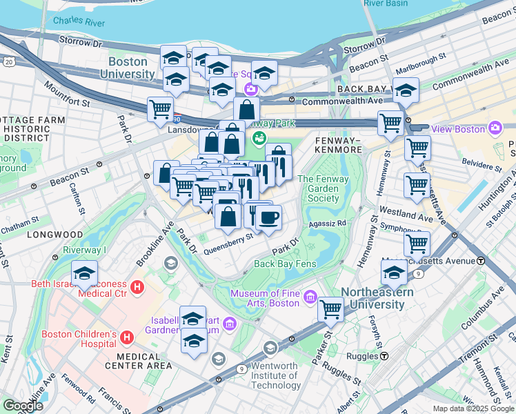 map of restaurants, bars, coffee shops, grocery stores, and more near 119 Jersey Street in Boston