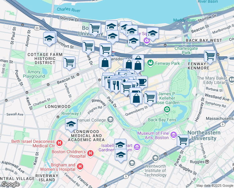 map of restaurants, bars, coffee shops, grocery stores, and more near 1395 Boylston Street in Boston