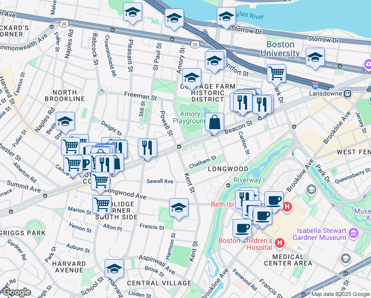 map of restaurants, bars, coffee shops, grocery stores, and more near in Brookline