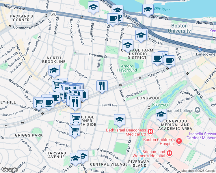 map of restaurants, bars, coffee shops, grocery stores, and more near 1202 Beacon Street in Brookline