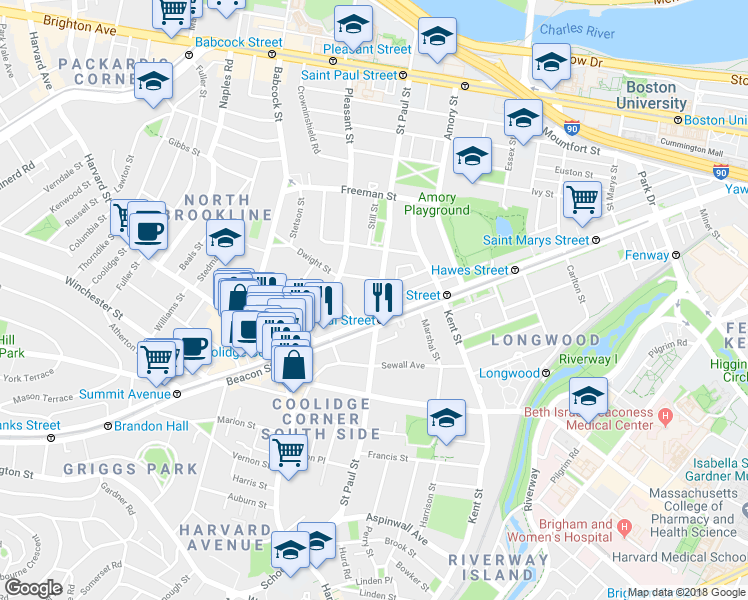 map of restaurants, bars, coffee shops, grocery stores, and more near 3 James Street in Brookline