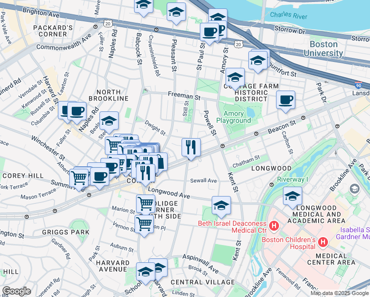 map of restaurants, bars, coffee shops, grocery stores, and more near 3 James Street in Brookline