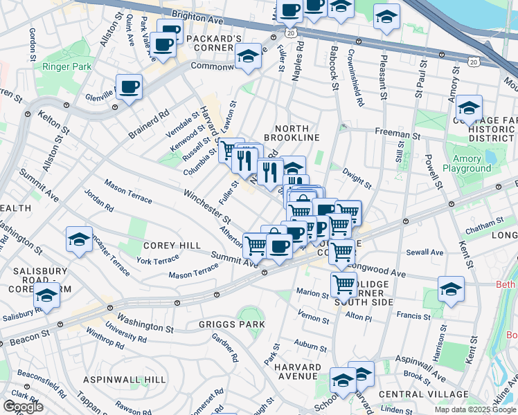 map of restaurants, bars, coffee shops, grocery stores, and more near 75 Centre Street in Brookline