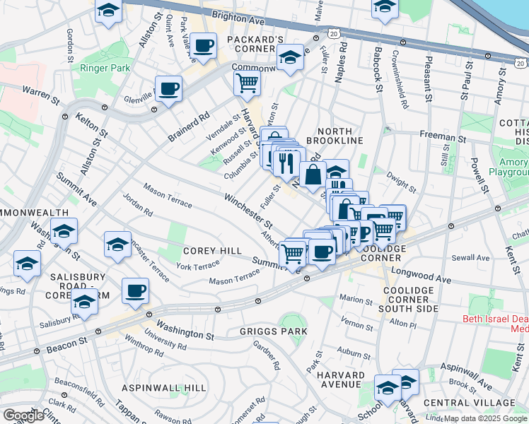 map of restaurants, bars, coffee shops, grocery stores, and more near 104 Winchester Street in Brookline