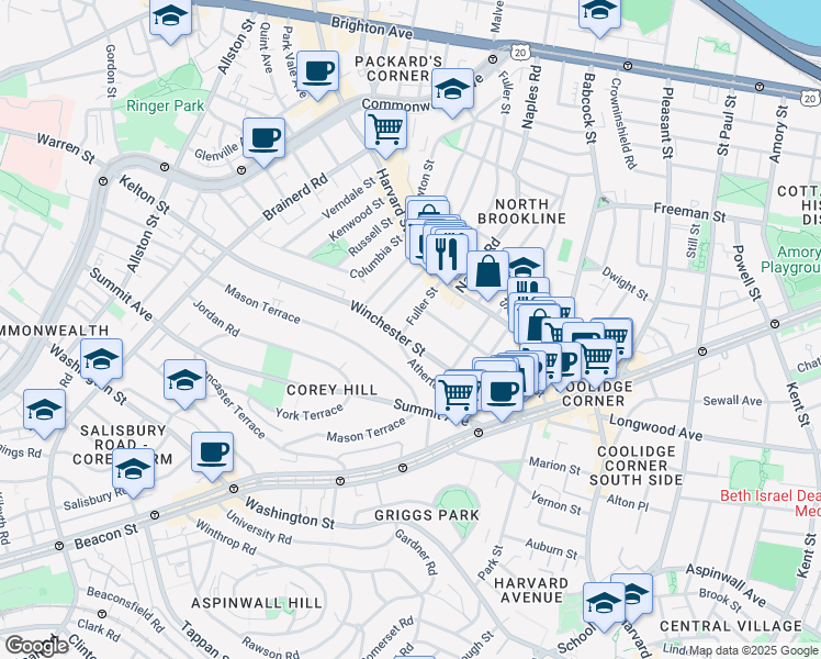 map of restaurants, bars, coffee shops, grocery stores, and more near 104 Winchester Street in Brookline
