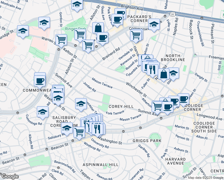 map of restaurants, bars, coffee shops, grocery stores, and more near 71 Jordan Road in Brookline