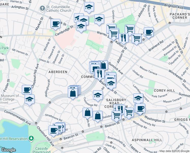 map of restaurants, bars, coffee shops, grocery stores, and more near 1619 Commonwealth Avenue in Boston