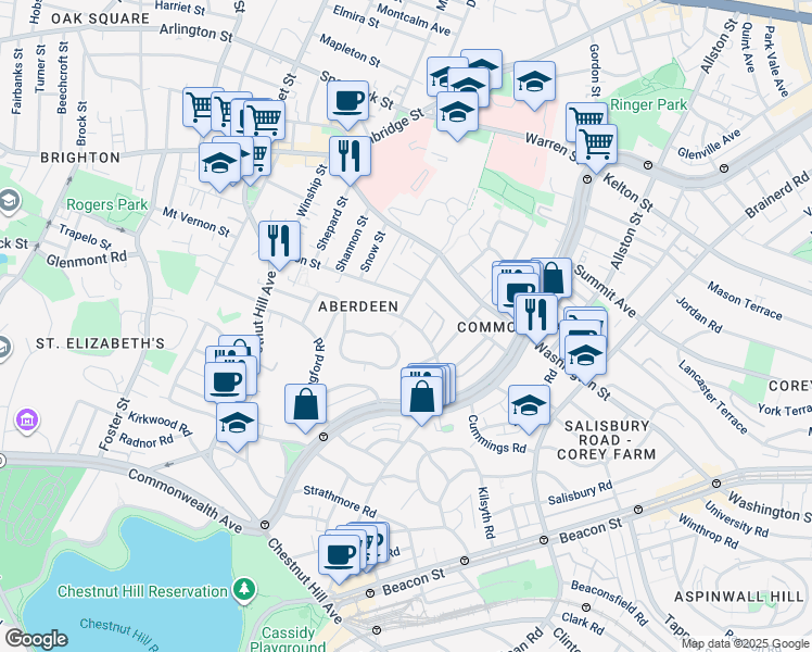 map of restaurants, bars, coffee shops, grocery stores, and more near 107 Nottinghill Road in Boston