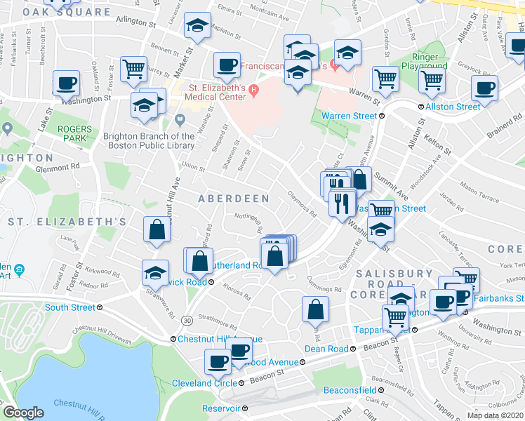 map of restaurants, bars, coffee shops, grocery stores, and more near 107 Nottinghill Road in Boston