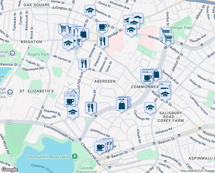 map of restaurants, bars, coffee shops, grocery stores, and more near 100 Nottinghill Road in Boston