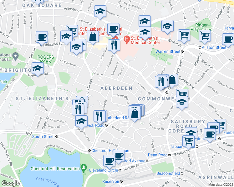 map of restaurants, bars, coffee shops, grocery stores, and more near 100 Nottinghill Road in Boston