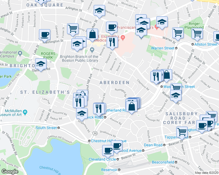 map of restaurants, bars, coffee shops, grocery stores, and more near 100 Nottinghill Road in Boston