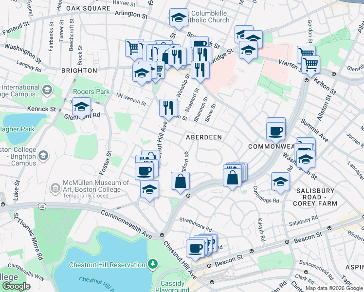 map of restaurants, bars, coffee shops, grocery stores, and more near 57 Wallingford Road in Boston
