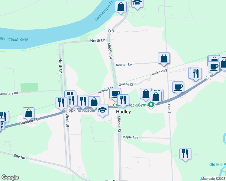 map of restaurants, bars, coffee shops, grocery stores, and more near 45 Middle Street in Hadley