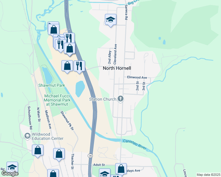 map of restaurants, bars, coffee shops, grocery stores, and more near 358 Cleveland Avenue in Hornell