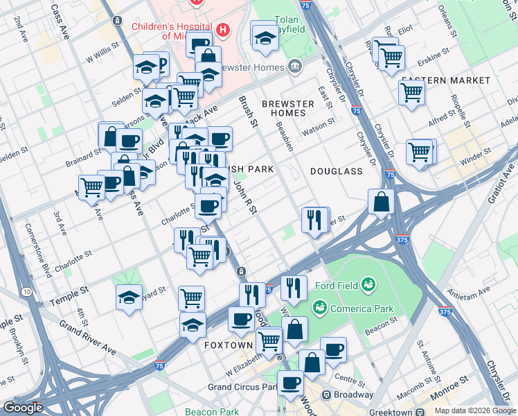 map of restaurants, bars, coffee shops, grocery stores, and more near 2750 John R Street in Detroit
