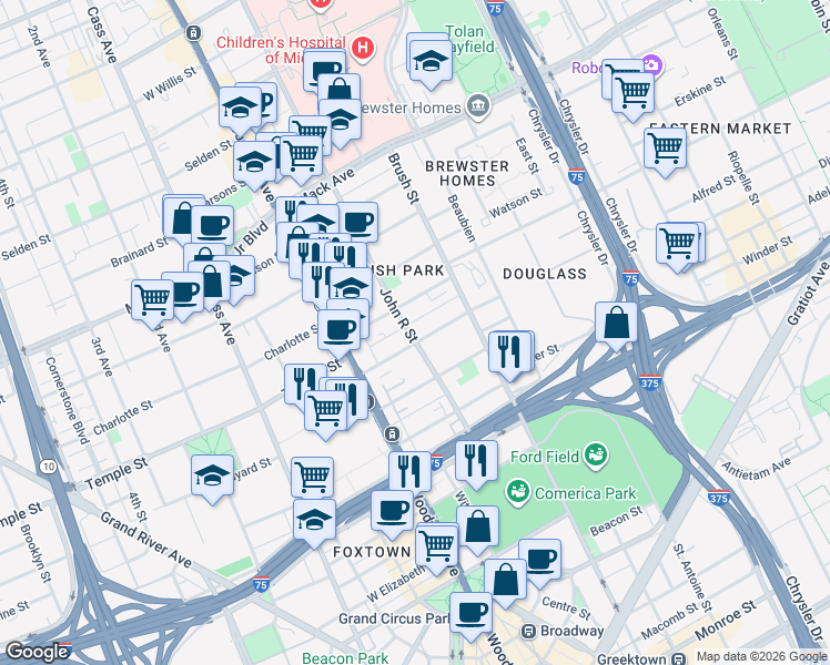 map of restaurants, bars, coffee shops, grocery stores, and more near 2750 John R Street in Detroit