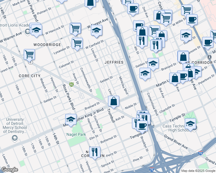 map of restaurants, bars, coffee shops, grocery stores, and more near 3643 Lincoln Street in Detroit