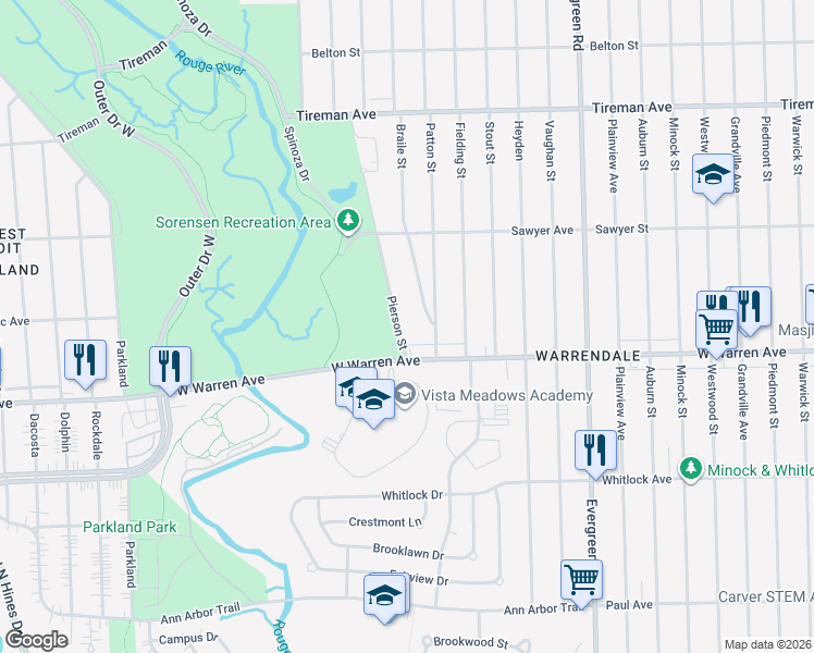 map of restaurants, bars, coffee shops, grocery stores, and more near 7234 Pierson Street in Detroit
