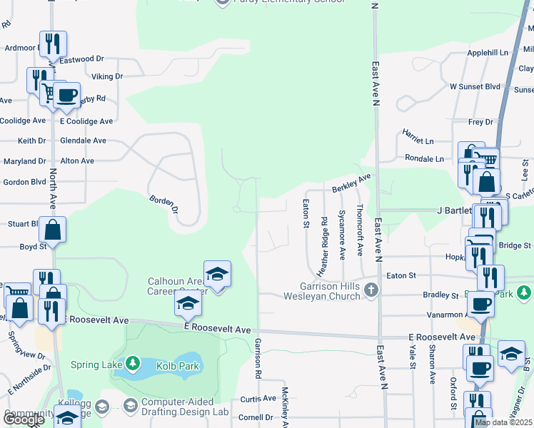 map of restaurants, bars, coffee shops, grocery stores, and more near 600 Garrison Avenue in Battle Creek