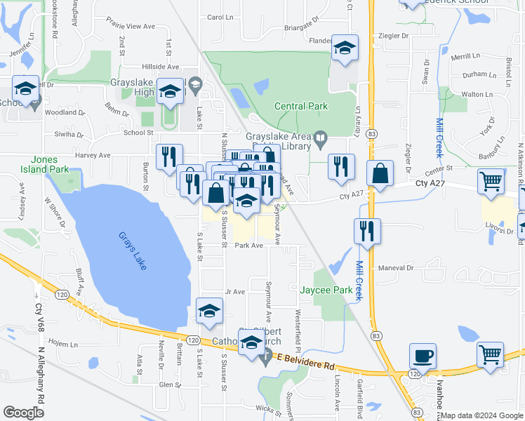 map of restaurants, bars, coffee shops, grocery stores, and more near 217 Center Street in Grayslake