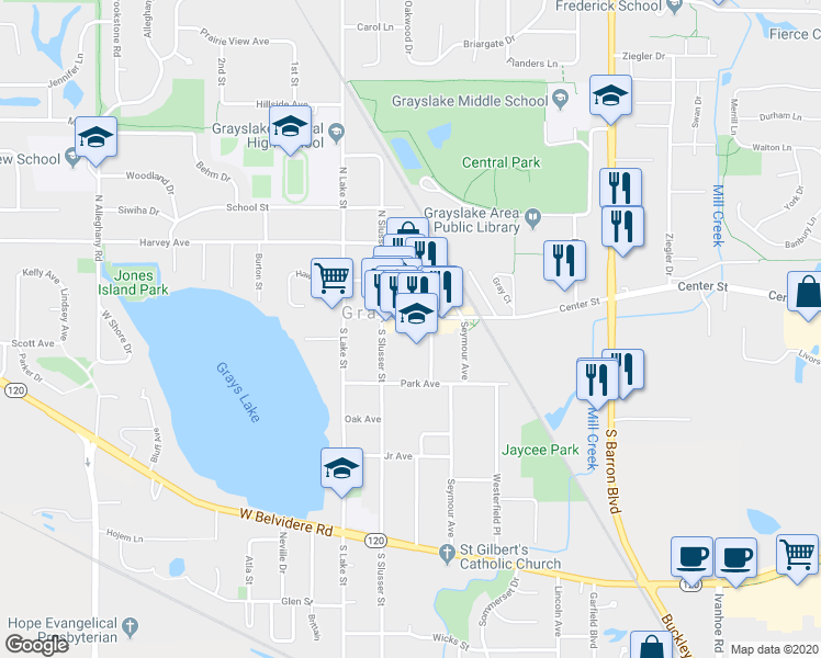 map of restaurants, bars, coffee shops, grocery stores, and more near 30 South Whitney Street in Grayslake