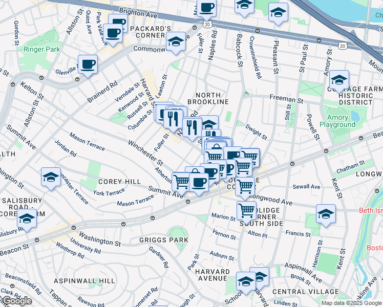 map of restaurants, bars, coffee shops, grocery stores, and more near 75 Centre Street in Brookline