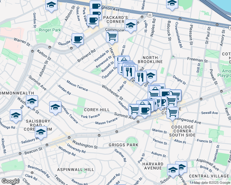 map of restaurants, bars, coffee shops, grocery stores, and more near 4 Fuller Street in Brookline