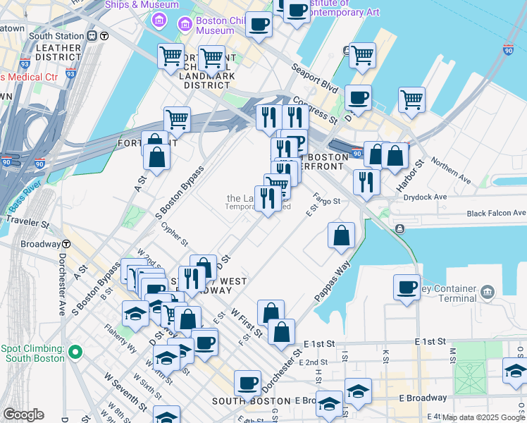 map of restaurants, bars, coffee shops, grocery stores, and more near 412 D Street in Boston